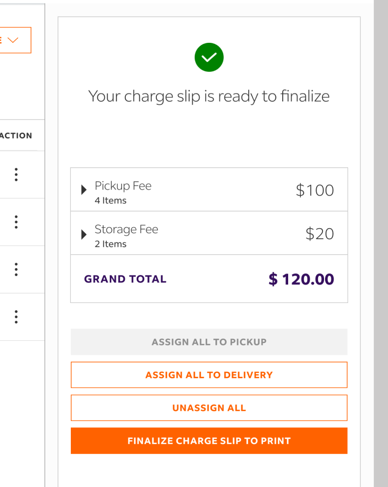 Dynamic fee summary with handling and storage fees calculated