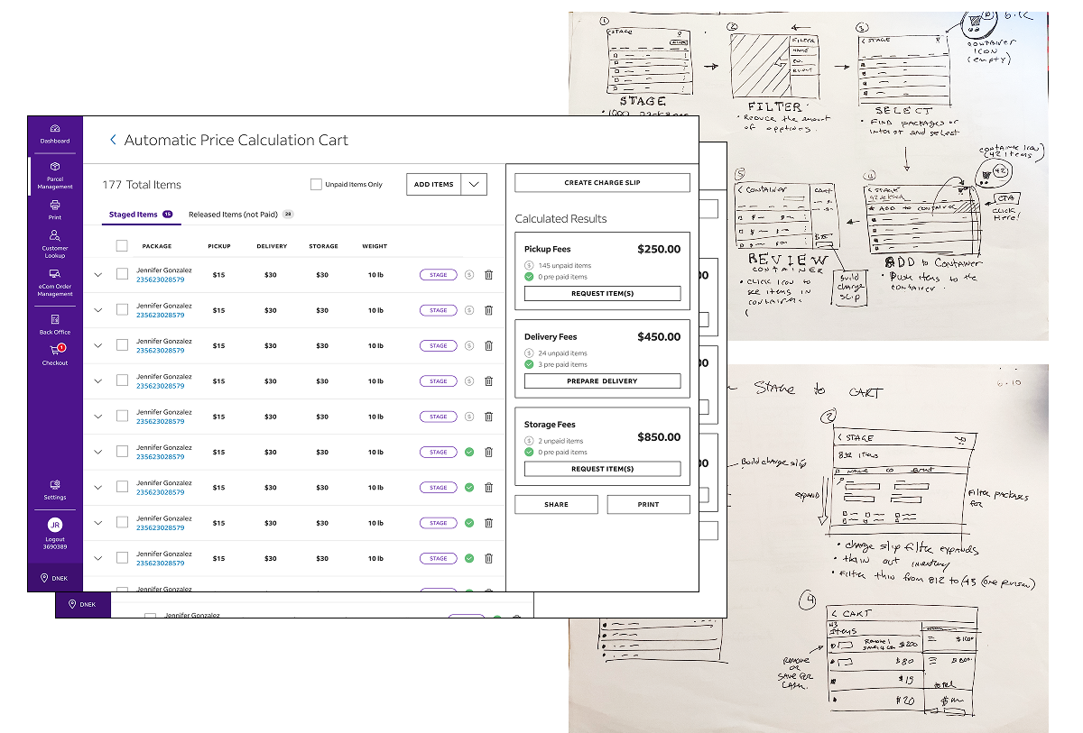 Early wireframe screens within the FedEx FUSE design system
