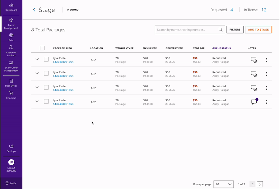Shared notes component in the parcel workflow