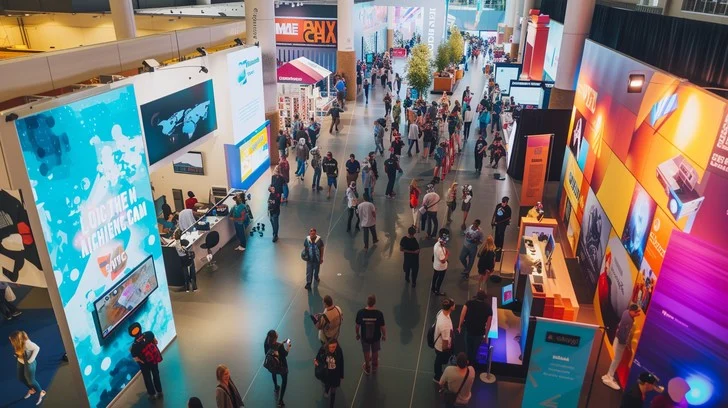 Busy convention center floor with attendees and exhibit activity
