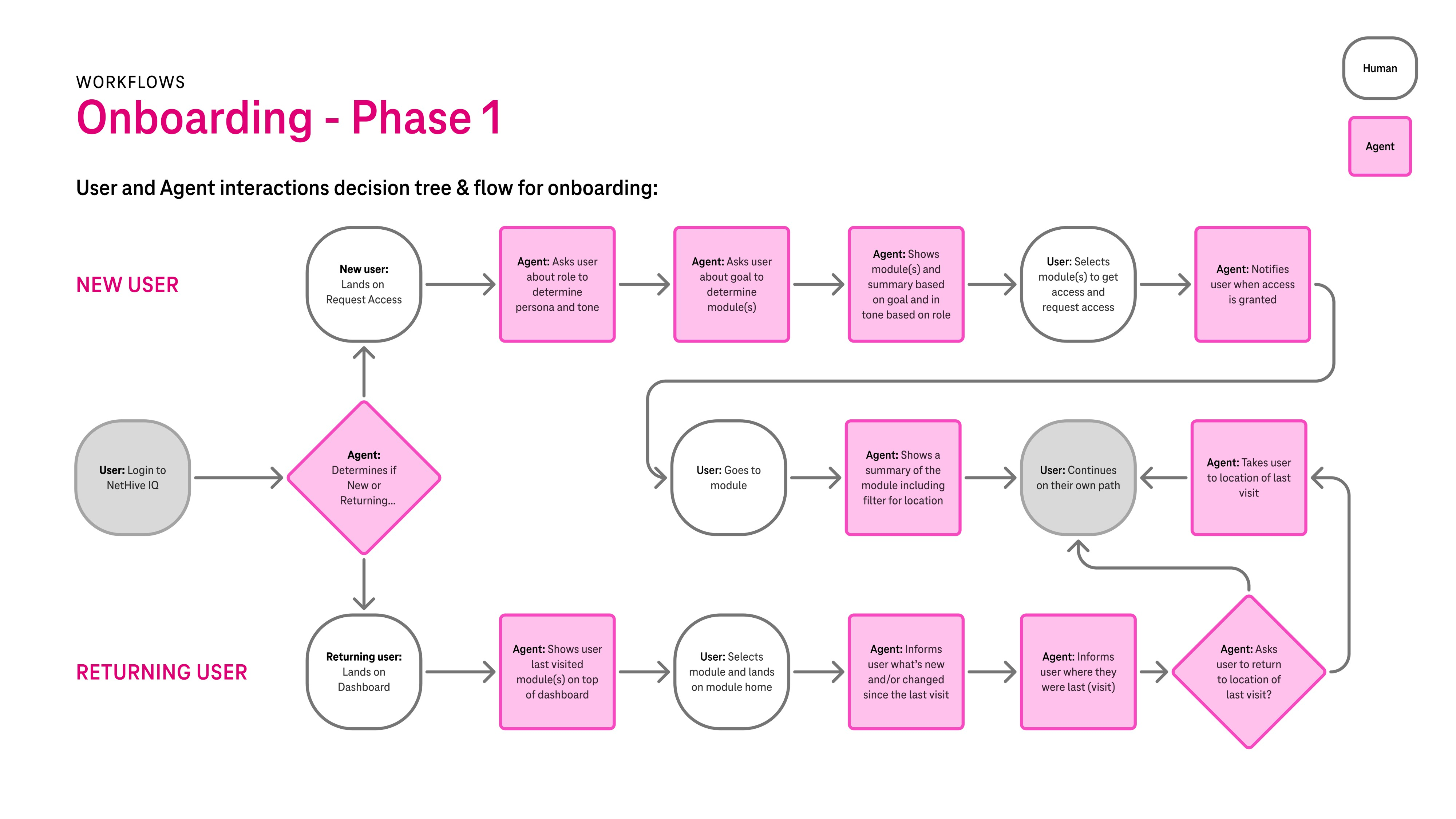 Human and agent onboarding workflow for new and returning NetHive IQ users