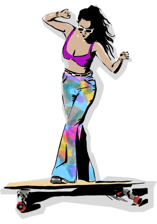 Illustration of a woman longboarding